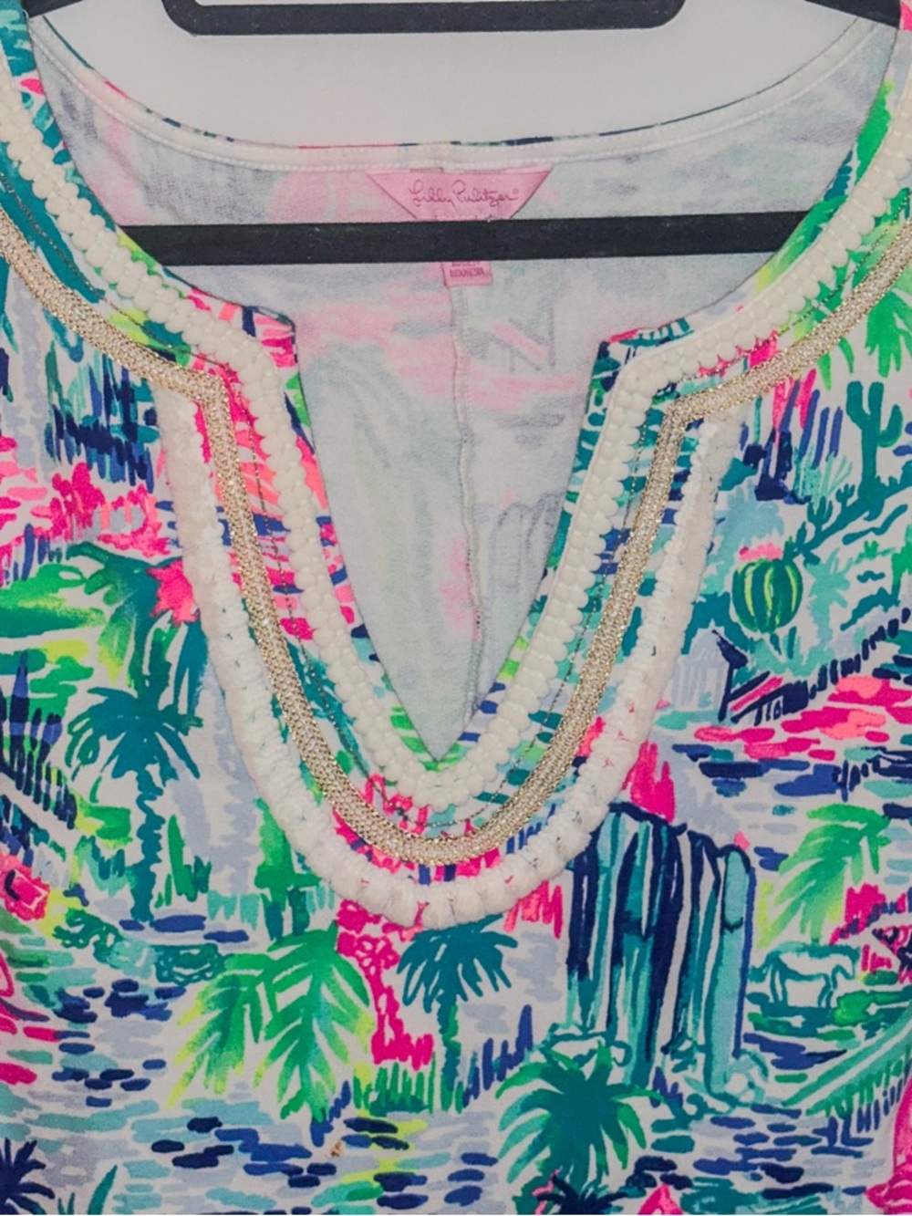 Lilly Pulitzer XL Tropical Shift Dress Gold Trim V-Neck - Picture 5 of 12